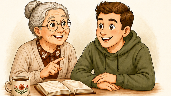 Nagyi and Peter smiling together over an open Hungarian workbook