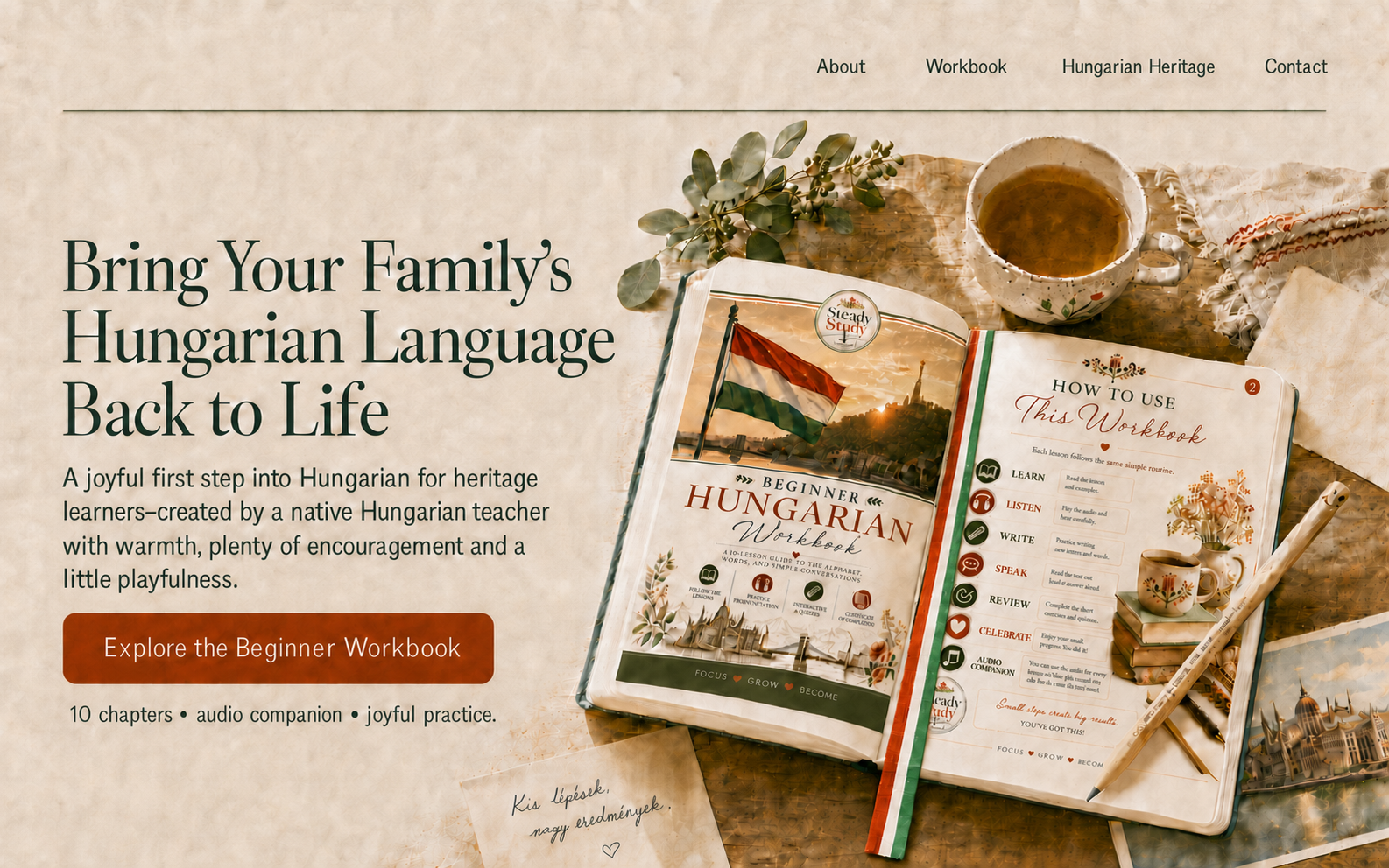 Steady Study Studio homepage featuring the Beginner Hungarian Workbook, its How to Use page, and a Hungarian tricolor bookmark